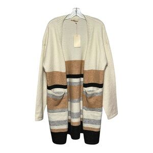 Entro Gradient Stripe Duster Cardigan Large Cream Open Front Sweater Pockets